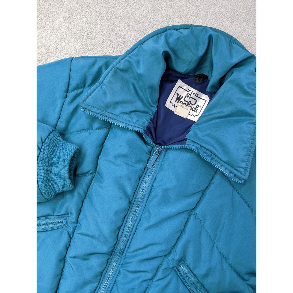 Vtg Woolrich Woman Sz Large Teal Blue Puffer Jacket Cropped Bomber Coat USA Made
